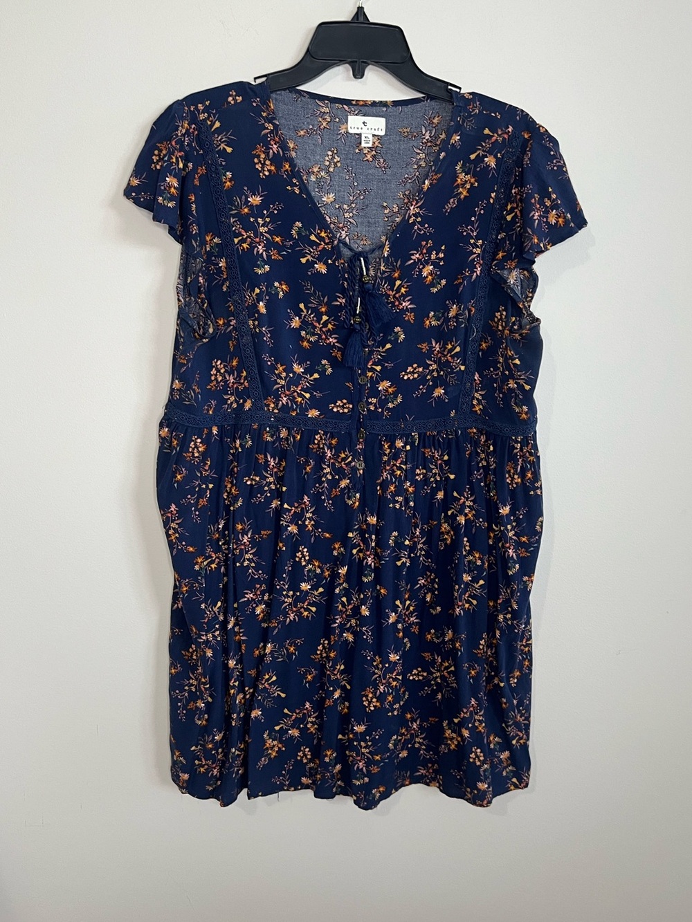 True Craft Navy Floral Tie-Front Flowy Dress